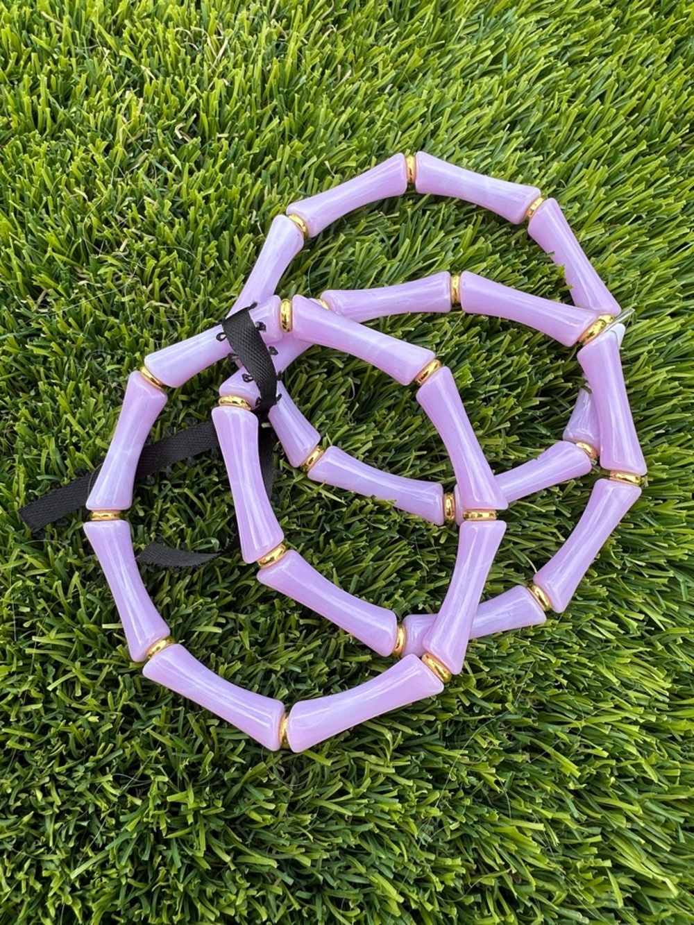 Set of 3 retro tiki bamboo look stretch bracelets in lavender & gold